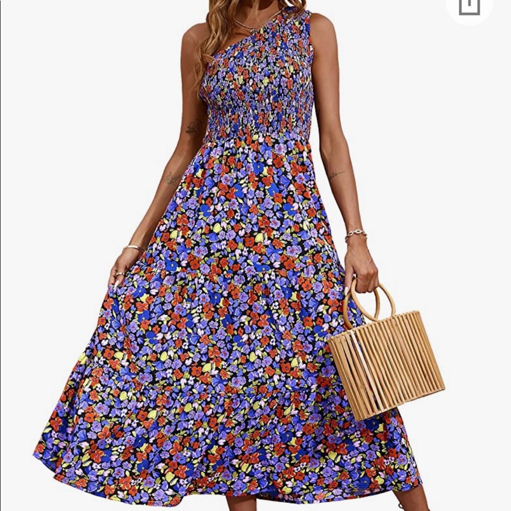 NWT One Shoulder Smocked Waist Midi Dress